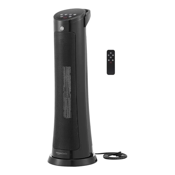 Amazon Basics 71 Cm Oscillating Tower Heater, With Over-Heat and Tip-Over Protection, 2 Heat Settings and Fan Mode, Timer, Remote Control, LED Display, 1500W, Black, 9.4"D x 9.4"W x 28.6"H by Amazon Basics - Used - Like New condition - CA$37.17