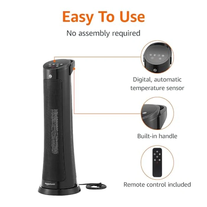 Amazon Basics 71 Cm Oscillating Tower Heater, With Over-Heat and Tip-Over Protection, 2 Heat Settings and Fan Mode, Timer, Remote Control, LED Display, 1500W, Black, 9.4"D x 9.4"W x 28.6"H by Amazon Basics - Image 3