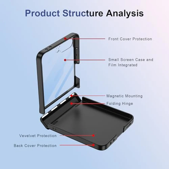 XIMAND for Samsung Galaxy Z Flip 7 Case with 360 Bracket Ring Holder Magnetic Hinge Protection & Built-in Front Screen Protector, Slim Texture Shockproof Case.(TGrey) by XIMAND - Image 5
