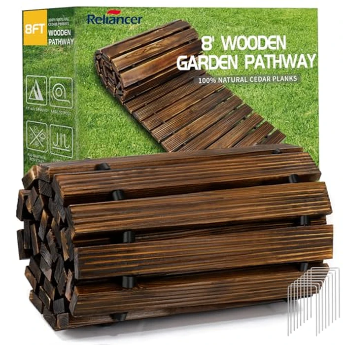 RELIANCER 8' Wooden Garden Pathway,Outdoor Roll Out Cedar Straight Walkway,Patio Path Decorative Garden Boardwalk Walkways,Weather-Resistant Roll Up Beach Wood Road Floor,Wedding Party Pathways by RELIANCER - Image 1