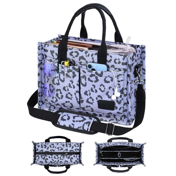 FIORETTO Canvas Tote Bag for Women with Zipper Closure & Individual Compartments for Work College for Teacher & Nurse Leopard Gray M by FIORETTO - Image 1