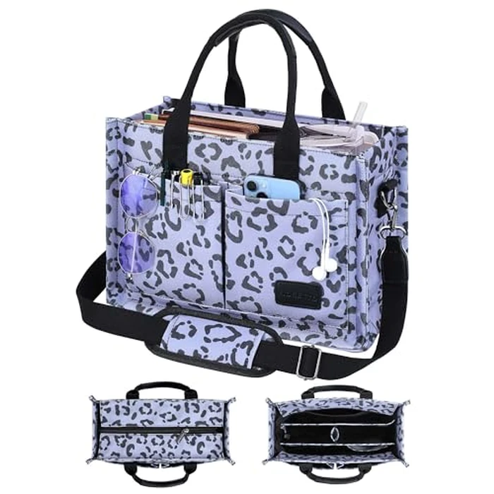 FIORETTO Canvas Tote Bag for Women with Zipper Closure & Individual Compartments for Work College for Teacher & Nurse Leopard Gray M by FIORETTO - Image 2