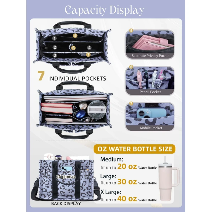 FIORETTO Canvas Tote Bag for Women with Zipper Closure & Individual Compartments for Work College for Teacher & Nurse Leopard Gray M by FIORETTO - Image 7