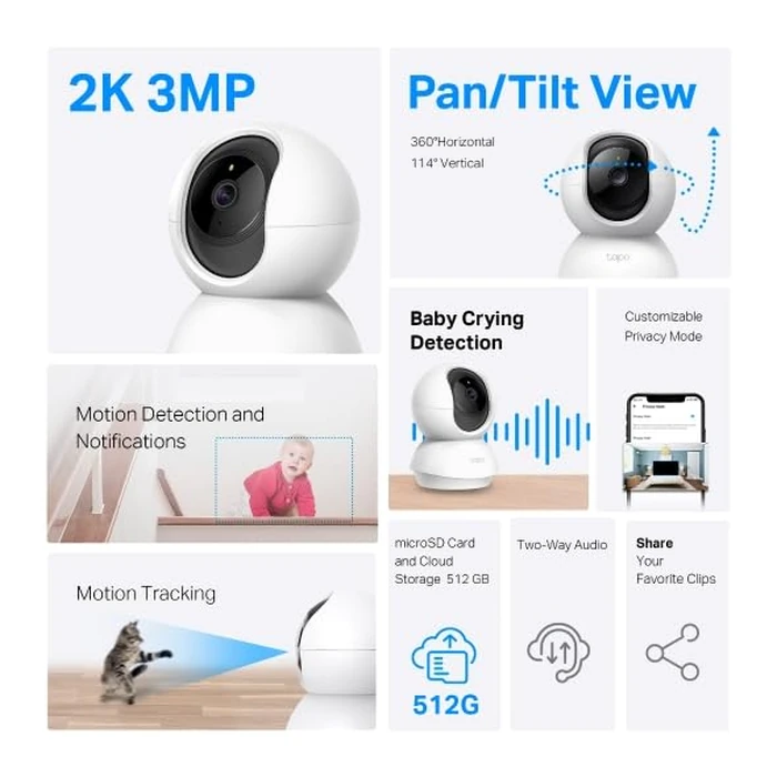 Tapo 2K Pan/Tilt Security Camera for Baby Monitor, Dog Camera w/Motion Detection, 2-Way Audio Siren, Night Vision, Cloud&SD Card Storage, Works w/Alexa & Google Assistant, 2-Pack (Tapo C210P2) by TP-Link - Image 3