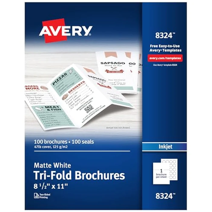 Tri-Fold Brochures, Inkjet, White, Matte, 1-up, 100-sheets by Avery - Image 1