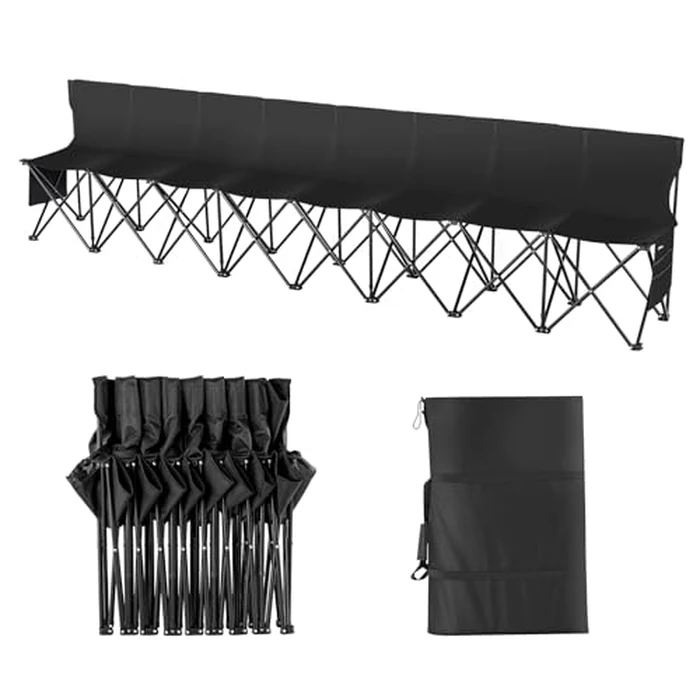 VEVOR Portable Folding Bench, 8 Seats Foldable Sideline Bench, Outdoor Camping Bench Chair with Carry Bag & Backrest, Team Sport Sideline Bench for Football Fishing, No Assembly Instant Seating, Black by VEVOR - Used - Like New condition - US$71.43