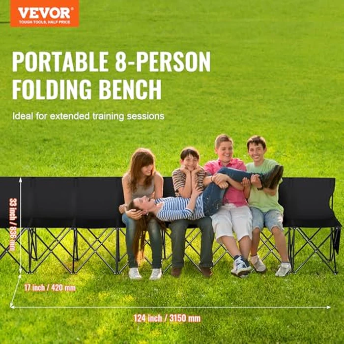 VEVOR Portable Folding Bench, 8 Seats Foldable Sideline Bench, Outdoor Camping Bench Chair with Carry Bag & Backrest, Team Sport Sideline Bench for Football Fishing, No Assembly Instant Seating, Black by VEVOR - Image 2