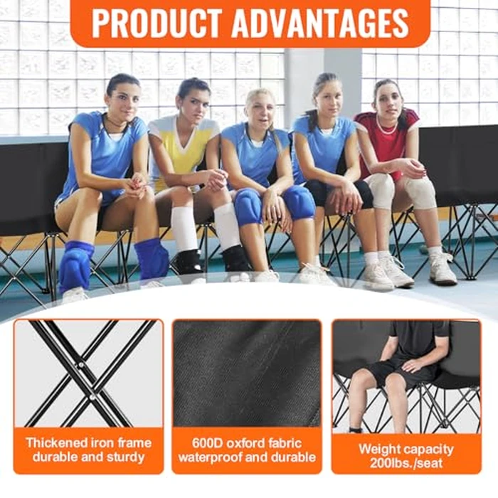VEVOR Portable Folding Bench, 8 Seats Foldable Sideline Bench, Outdoor Camping Bench Chair with Carry Bag & Backrest, Team Sport Sideline Bench for Football Fishing, No Assembly Instant Seating, Black by VEVOR - Image 5