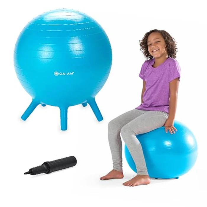Gaiam Kids Stay-N-Play Children's Balance Ball - Flexible School Chair Active Classroom Desk Alternative Seating Built-In Stay-Put Soft Stability Legs, Includes Air Pump by Gaiam - Used - Like New condition