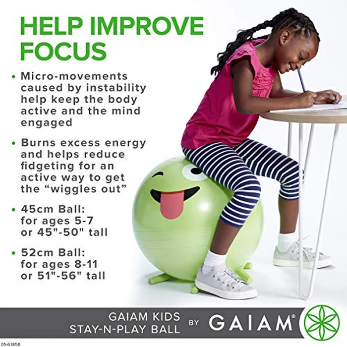 Gaiam Kids Stay-N-Play Children's Balance Ball - Flexible School Chair Active Classroom Desk Alternative Seating Built-In Stay-Put Soft Stability Legs, Includes Air Pump by Gaiam - Image 4