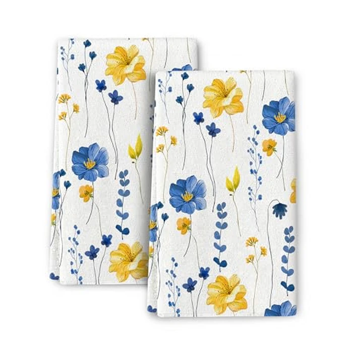 Bapcoku Blue Yellow Flower Kitchen Dish Towels Set of 2, Soft Absorbent Watercolor Floral Hand Towel Tea Towels for Kitchen Spring Summer Home Decor,Housewarming Gifts for New Home Women, 16x24 inch by Bapcoku - Used - Very Good condition