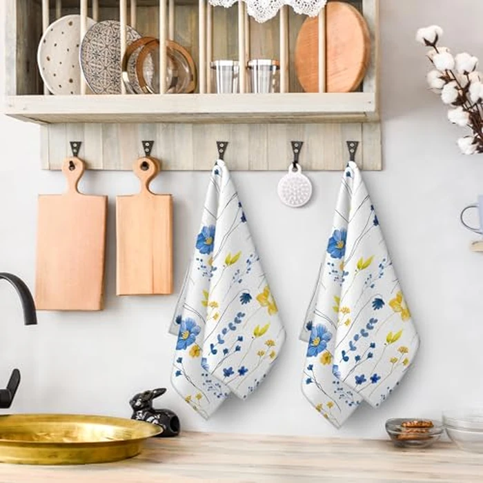 Bapcoku Blue Yellow Flower Kitchen Dish Towels Set of 2, Soft Absorbent Watercolor Floral Hand Towel Tea Towels for Kitchen Spring Summer Home Decor,Housewarming Gifts for New Home Women, 16x24 inch by Bapcoku - Image 5