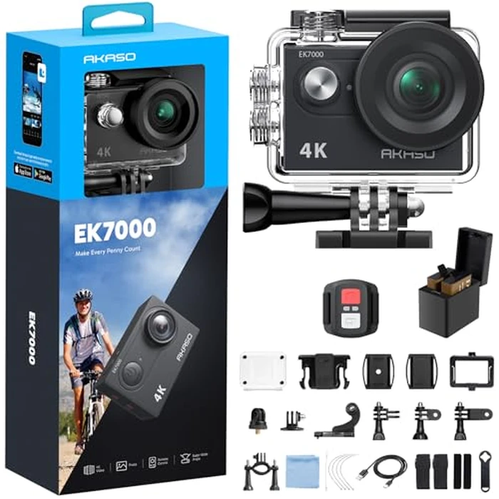AKASO EK7000 4K30FPS 20MP WiFi Action Camera with EIS Ultra HD 131FT Waterproof Underwater Camera Remote Control 4X Zoom Support External Microphone Black by AKASO - Image 1