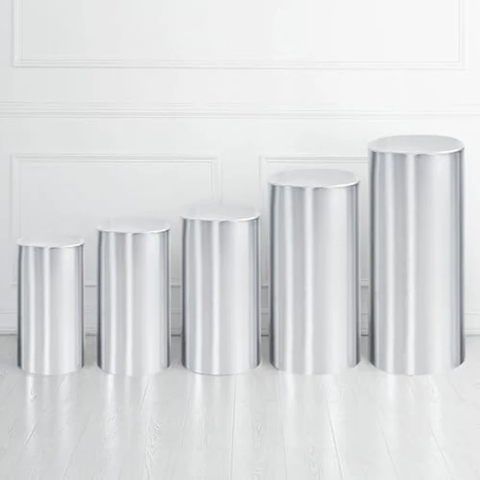 uxcell Set of 5 Silver Tone Cylinder Spandex Stand Covers, Plinth Stand Cover for Party Wedding Birthday Decoration, Only Contains Cylinder Covers (Foil Fabric) by uxcell - Used - Acceptable condition - CA$32.72