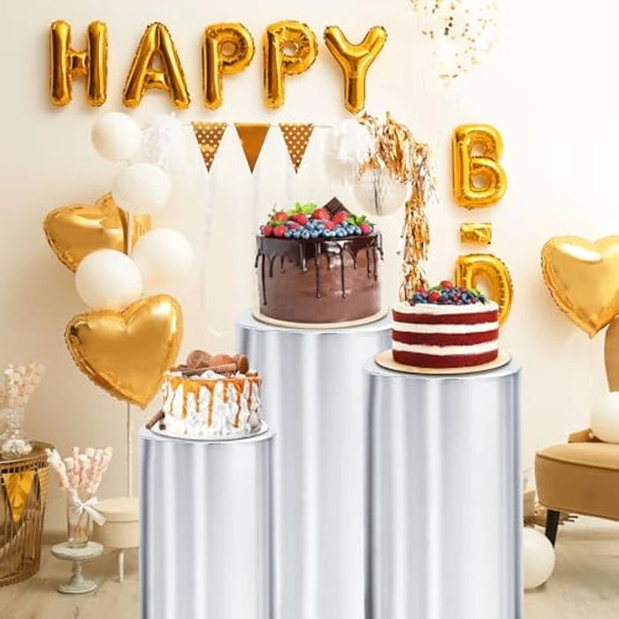 uxcell Set of 5 Silver Tone Cylinder Spandex Stand Covers, Plinth Stand Cover for Party Wedding Birthday Decoration, Only Contains Cylinder Covers (Foil Fabric) by uxcell - Image 4