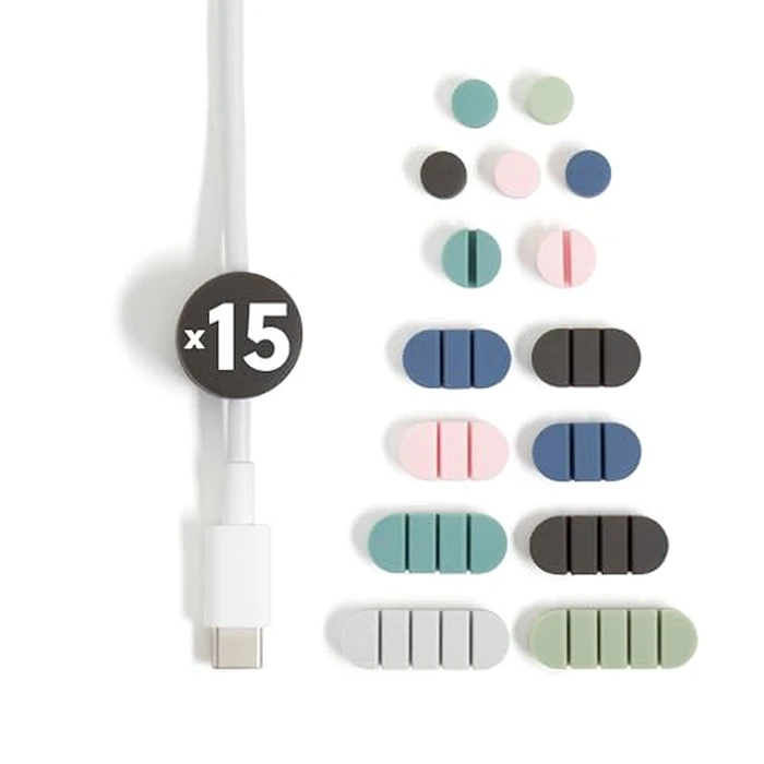 U Brands Tech Classics Silicone Cable Organizer Clips 15 Pack, Cord Management Clips in Assorted Colors, Adhesive Cable Holders for Desk, Office, and Travel Organization by U Brands - Used - Like New condition - US$11.96