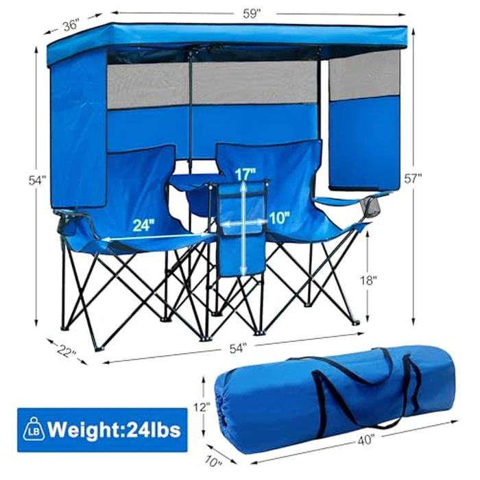 WTVIDAS Double Beach Chair with Canopy Shade Oversized Camping Chairs with Cooler Bag Folding Loveseat for Outside Lawn Camping by WTVIDAS - Image 2