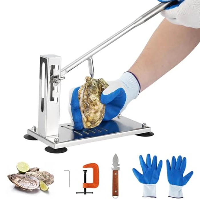 Stainless Steel Oyster Shucker Tool Oyster Opener Machine, Adjustable 4-Level Height, Oyster Clam Opener Tool Set Including Knife, Glove & g-Clip, Shucking Tool Kit for Hotel Buffet and Home by EliteEdge - Image 1