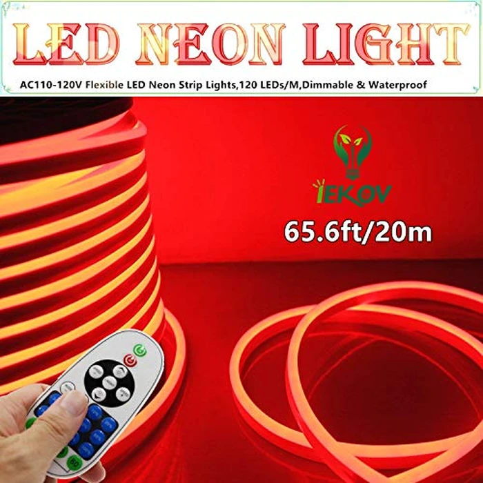 LED NEON LIGHT, IEKOV(TM) AC 110-120V Flexible LED Neon Strip Lights, 120 LEDs/M, Dimmable, Waterproof 2835 SMD LED Rope Light + Remote Controller for Home Decoration (65.6ft/20m, Red) by IEKOV - Used - Like New condition - CA$89.63
