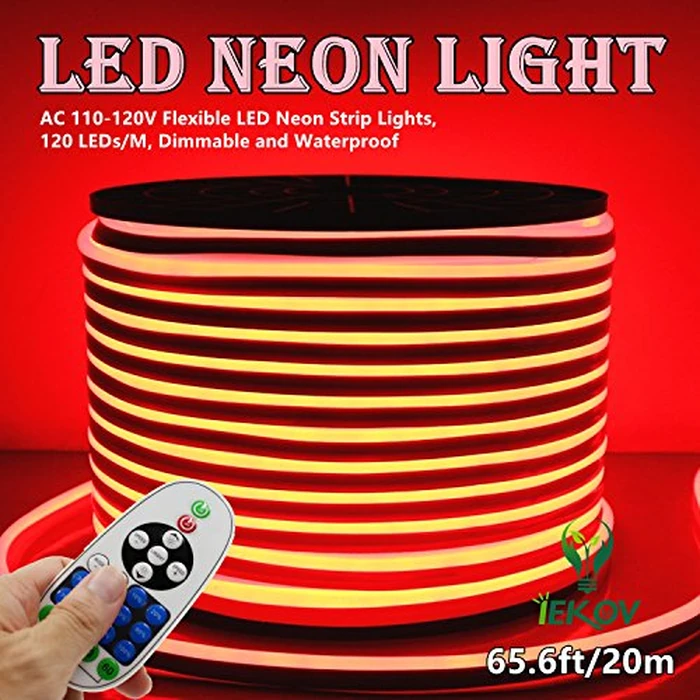 LED NEON LIGHT, IEKOV(TM) AC 110-120V Flexible LED Neon Strip Lights, 120 LEDs/M, Dimmable, Waterproof 2835 SMD LED Rope Light + Remote Controller for Home Decoration (65.6ft/20m, Red) by IEKOV - Image 2