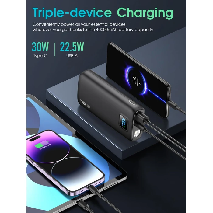 Portable-Charger-Power-Bank - 40000mAh Power Bank PD 30W and QC 4.0 Quick Charging Built-in Bright Flashlight LED Display 2 USB 1Type-C Output for Most Electronic Devices on The Market (Matte Black) by LOVELEDI - Image 4