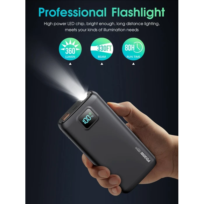Portable-Charger-Power-Bank - 40000mAh Power Bank PD 30W and QC 4.0 Quick Charging Built-in Bright Flashlight LED Display 2 USB 1Type-C Output for Most Electronic Devices on The Market (Matte Black) by LOVELEDI - Image 6
