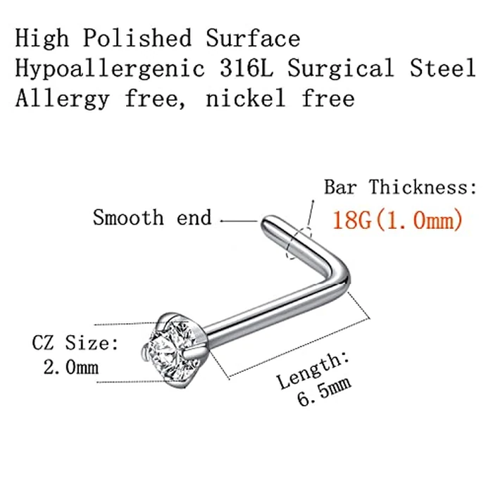 BLESSMYLOVE 6pcs 18g 2.0mm Clear CZ 316L Surgical Steel Silver Nose Rings Studs L-Shape Nose Nostrial Piercing Body Jewerly L Shaped Nose Studs for Women 18 gauge 2.0mm Cubic Zirconia Stainless Steel Nose Rings by BLESSMYLOVE - Image 2