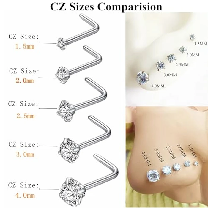 BLESSMYLOVE 6pcs 18g 2.0mm Clear CZ 316L Surgical Steel Silver Nose Rings Studs L-Shape Nose Nostrial Piercing Body Jewerly L Shaped Nose Studs for Women 18 gauge 2.0mm Cubic Zirconia Stainless Steel Nose Rings by BLESSMYLOVE - Image 3