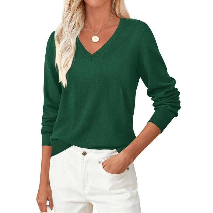 PRETTYGARDEN Women's V Neck Sweaters 2026 Fall Casual Long Sleeve Classic Pullover Cozy Knit Tops Loose Basic Winter Clothing (Green,Large) by PRETTYGARDEN - Used - Like New condition - US$19.10