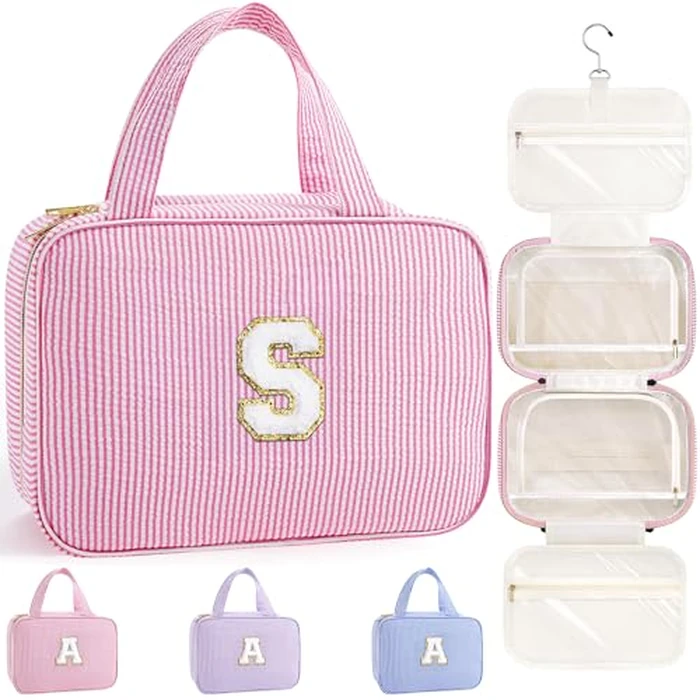 TOPEAST Hanging Toiletry Bag - Large Capacity Personalized Travel Bag for Women, Cruise Ship Essentials - Letter S, Pink by TOPEAST - Used - Like New condition - US$18.99