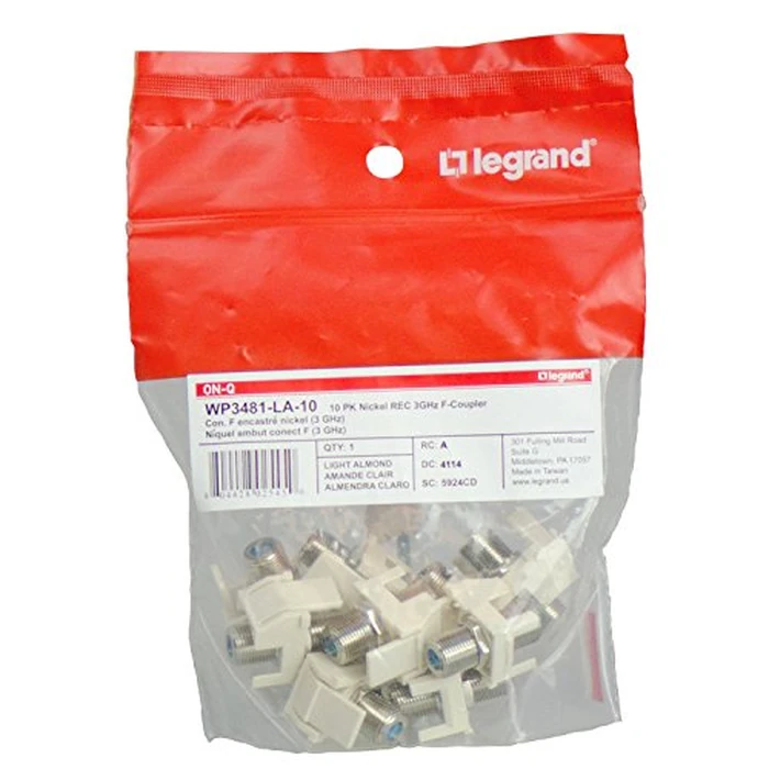 Legrand - OnQ F Keystone Connector, Recessed Keystone Coax Insert, Nickel-Plated 1GHz Keystone F-81 Coupler, Keystone Insert, Light Almond, 10 Count, WP3481LA10 by On-Q - Used - Like New condition