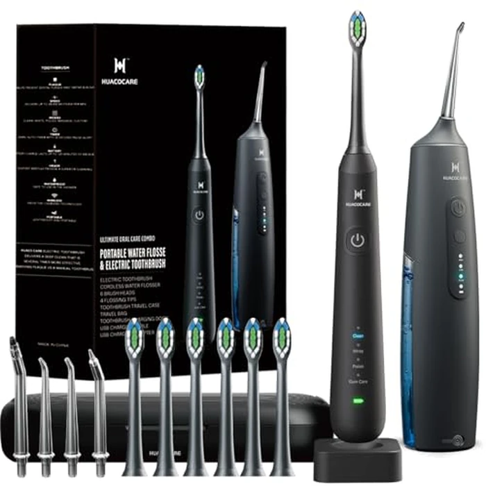 2-1 Oral Clean Kit- Water Dental flosser & Electric Toothbrush Combo- Brushing & Flossing- for Teeth Cleaning and Gum Health (Black) by HUACO CARE - Image 1