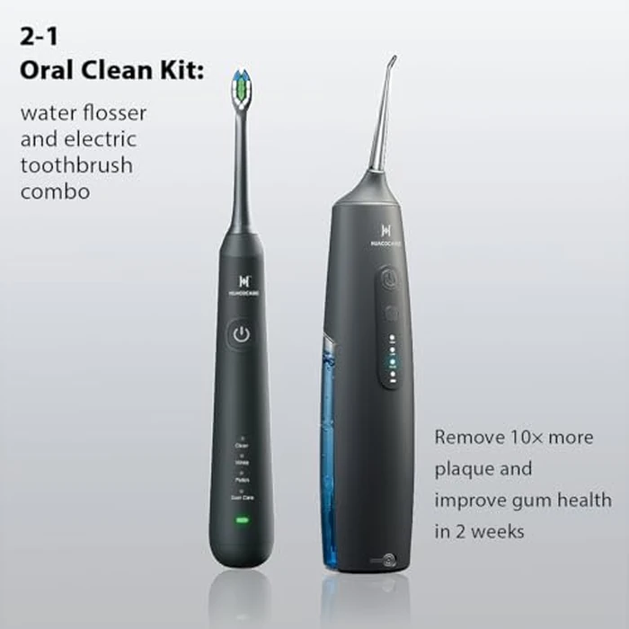 2-1 Oral Clean Kit- Water Dental flosser & Electric Toothbrush Combo- Brushing & Flossing- for Teeth Cleaning and Gum Health (Black) by HUACO CARE - Image 2