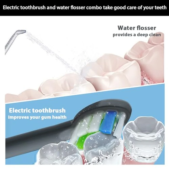 2-1 Oral Clean Kit- Water Dental flosser & Electric Toothbrush Combo- Brushing & Flossing- for Teeth Cleaning and Gum Health (Black) by HUACO CARE - Image 5