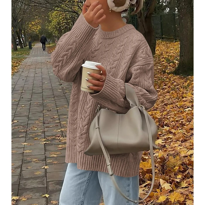 Okiwam Women's Oversized Sweaters Crewneck Cable Knit Pullover Casual Loose Fall Outfits Spring Fashion Clothes 2026-S Oatmeal by Okiwam - Image 2
