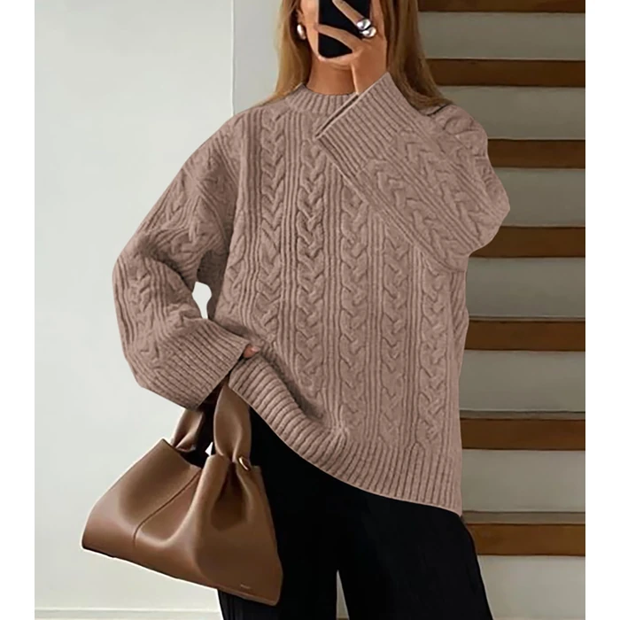 Okiwam Women's Oversized Sweaters Crewneck Cable Knit Pullover Casual Loose Fall Outfits Spring Fashion Clothes 2026-S Oatmeal by Okiwam - Image 6