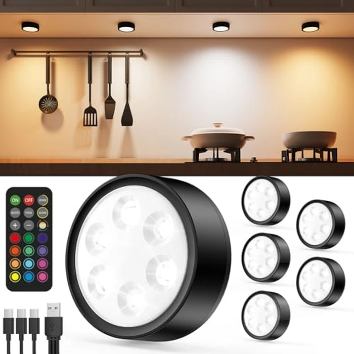Vloee Rechargeable Puck Lights with Remote Control, 2400mAh Battery Operated RGB Under Cabinet Press Button Lighting Wireless LED Push Lights Stick on Magnetic Tap Lamp for Closet Kitchen Counter by Vloee - Used - Good condition