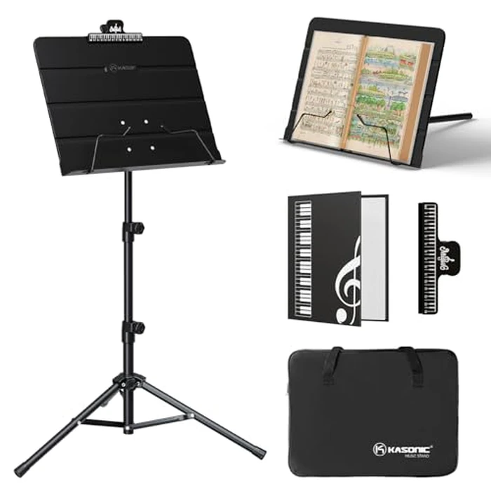 K KASONIC - Dual-Use Folding Sheet Music Stand & Desktop Book Stand with Portable Carrying Bag, Sheet Music Folder & Clip Holder (Black) by K KASONIC - Used - Like New condition - US$25.73