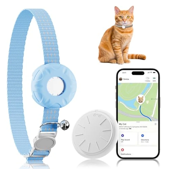 Cat Tracker with Breakaway Cat Collar, GPS Tracker Compatible with Apple Find My (iOS Only), No Monthly Fee, Waterproof, Real-Time Location, 365-Day Battery Life, Territory&Location History, Blue by HONGTOP H - Used - Like New condition - CA$22.33