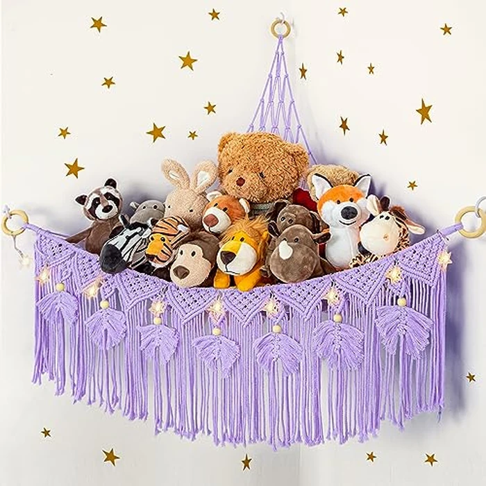 ANROYE Macrame Stuffed Animal Storage with Star Light, Bear Purple Hammock for Girls Room Decor, Corner Hanging Mesh Organizer Idea for Nursery, Plushies Toy Wall Hanging Display Holder Kid Gift by ANROYE - Used - Good condition - CA$17.10