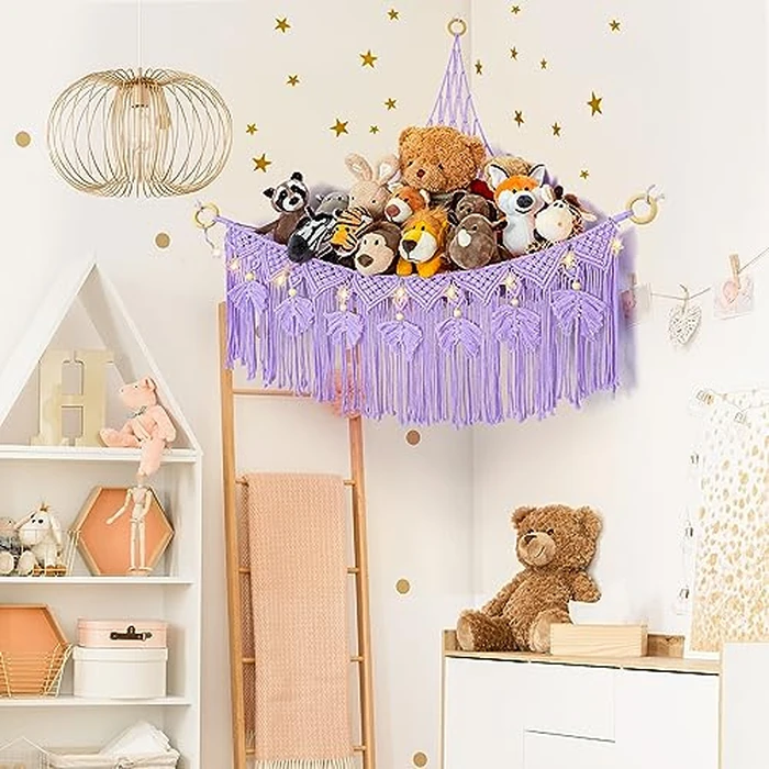 ANROYE Macrame Stuffed Animal Storage with Star Light, Bear Purple Hammock for Girls Room Decor, Corner Hanging Mesh Organizer Idea for Nursery, Plushies Toy Wall Hanging Display Holder Kid Gift by ANROYE - Image 3