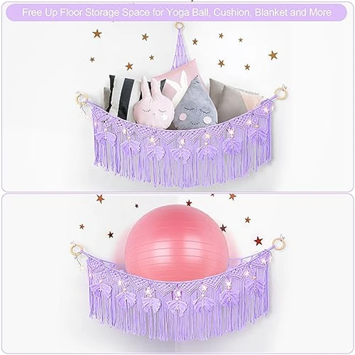 ANROYE Macrame Stuffed Animal Storage with Star Light, Bear Purple Hammock for Girls Room Decor, Corner Hanging Mesh Organizer Idea for Nursery, Plushies Toy Wall Hanging Display Holder Kid Gift by ANROYE - Image 5