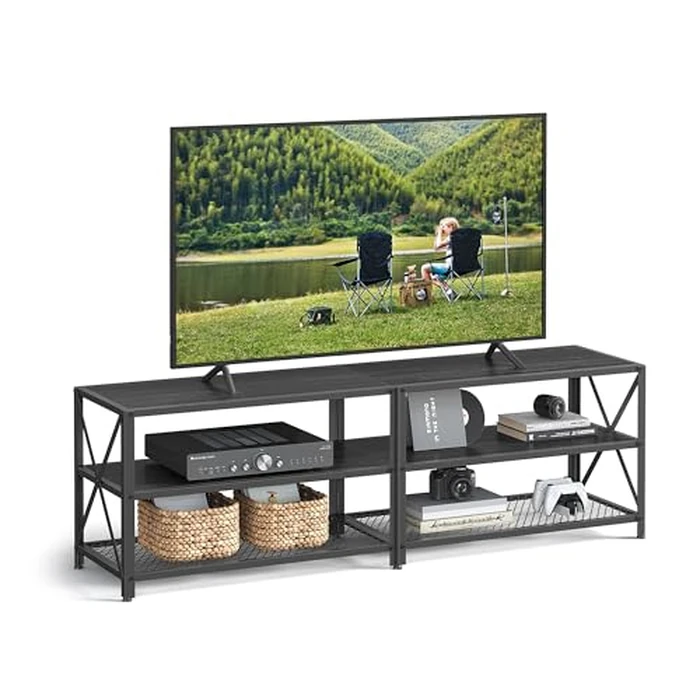 VASAGLE TV Stand for TV up to 70 Inches, TV Bench, Entertainment Center, 3-Tier TV Console, Black with Wood Grain ULTV095B22 by VASAGLE - Used - Good condition - CA$86.31
