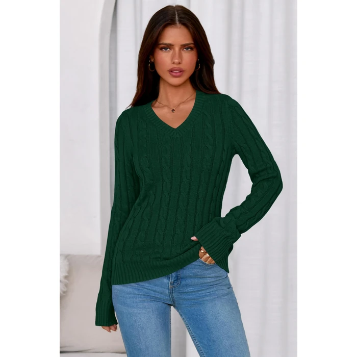 PRETTYGARDEN V Neck Cable Knit Sweaters for Women 2026 Long Sleeve Ribbed Fitted Pullover Tops Business Casual Fall Outfits(Dark Green,Large) by PRETTYGARDEN - Image 2