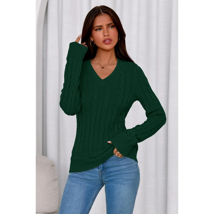 PRETTYGARDEN V Neck Cable Knit Sweaters for Women 2026 Long Sleeve Ribbed Fitted Pullover Tops Business Casual Fall Outfits(Dark Green,Large) by PRETTYGARDEN - Image 3