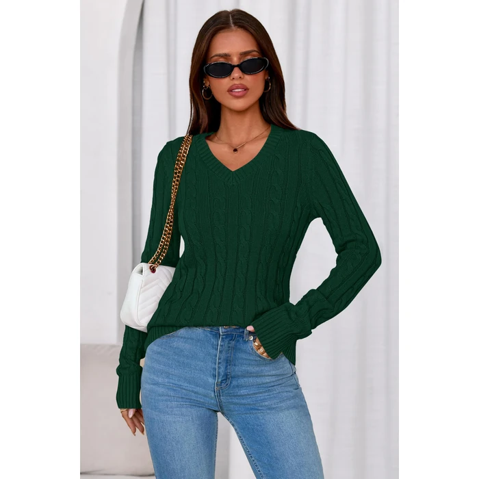 PRETTYGARDEN V Neck Cable Knit Sweaters for Women 2026 Long Sleeve Ribbed Fitted Pullover Tops Business Casual Fall Outfits(Dark Green,Large) by PRETTYGARDEN - Image 4
