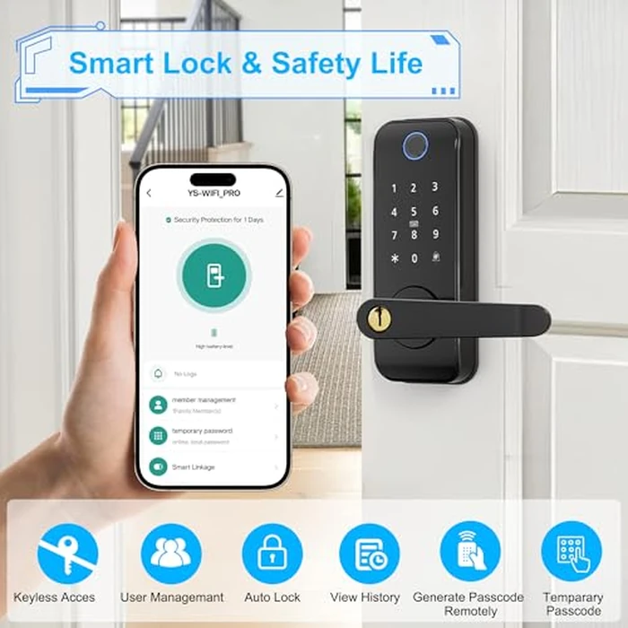 Keyless Entry Fingerprint Smart Door Lock with Handle,Digital Electronic Lock with Touchscreen Keypad,Electric Door Knob for Exterior Interior Entry/Bedroom Front Doors,Built-in WiFi by Linkthai - Image 2