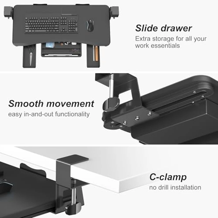 suptek Under Desk Keyboard Tray with Storage Drawer - 26.7" x 11.8" Large Workspace, Heavy-Duty C-Clamp Mount, Adjustable Height, Easy Installation - Perfect for Home Office, DSF6CT by suptek - Image 8