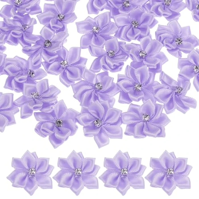 M METERXITY 100-Pack Satin Ribbon Flowers, 1.2 Inch Mini Fabric Flowers with Rhinestones Flower Ribbon Appliques for Crafts DIY/Wedding/Ornament/Party/Home [Light Purple] by M METERXITY - Used - Like New condition - US$12.57