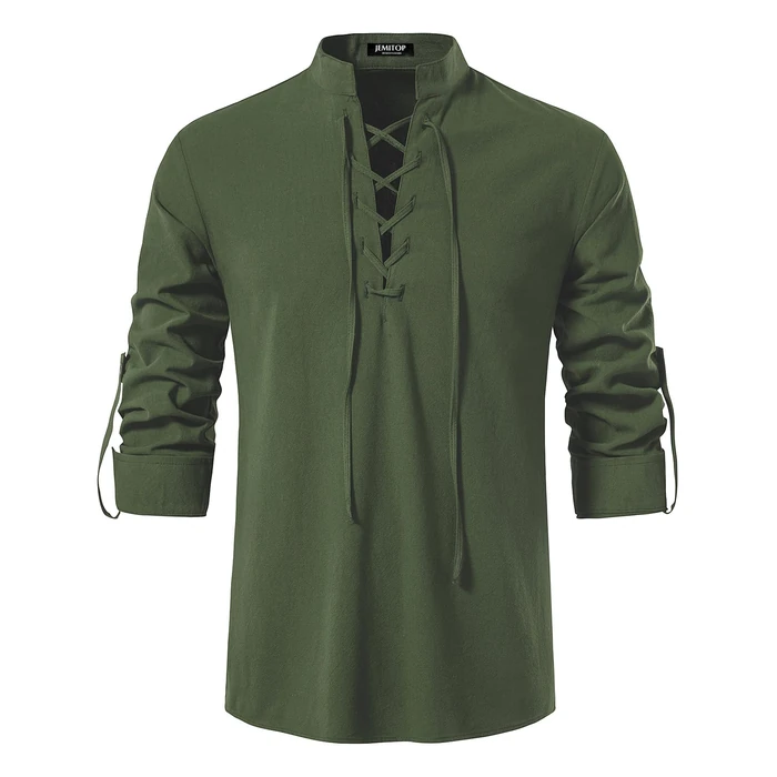 JEMITOP Men's Vintage Renaissance Costume Long Sleeve Lace Up Shirts for Pirate Viking Medieval Vampire Halloween Cosplay Clothing Army Green S by JEMITOP - Image 2